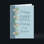 June Birthday Card, Girlfriend: Dogroses on Blue Karte<br><div class="desc">Eine hübsche Juni-Geburtstagskarte für einen Freund,  mit einem Rand von rosa Dogroses auf zweifarbigem blauen Hintergrund; Teil der Posh & Painterly "Rosy Posy" Kollektion.</div>
