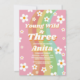 Jung Wild Drei Groovy 3. Pink Mädchen Retro 1970er Einladung