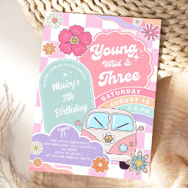 Jung, wild & Drei Regenbogen Auto Gänseblümchen Ge Einladung