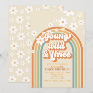 Jung, wild, drei Retro-Regenbogen-Gänseblümchen-Ge Einladung