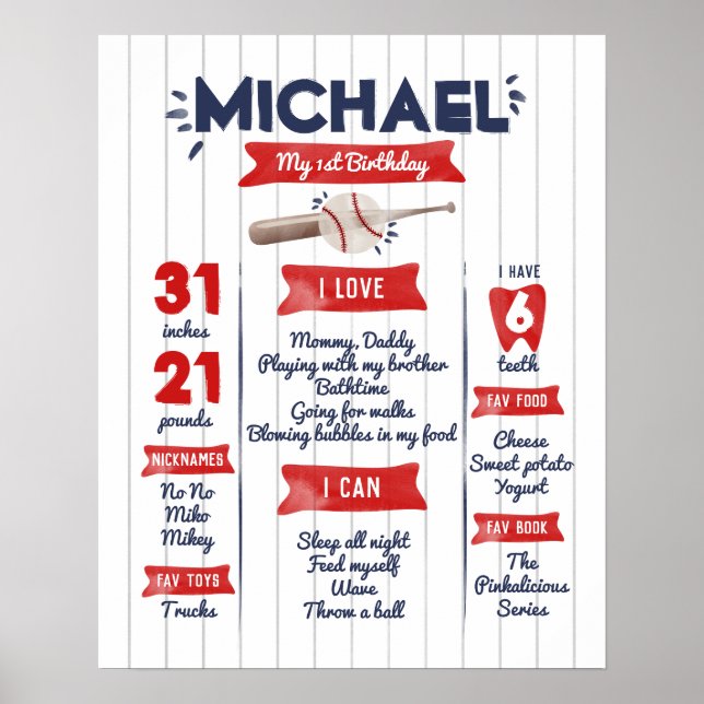 Junge 1. Baseball Geburtstag Milstone Poster (Vorne)