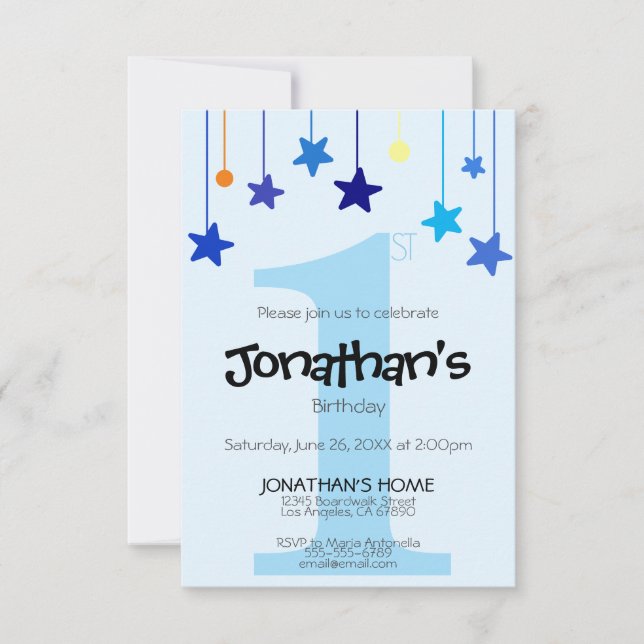 Junge 1. BIRTHDAY Cool Light Blue Stars Einladung (Vorderseite)