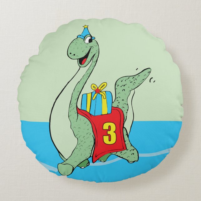 Junge, 3. Geburtstag Dinosaurier Rundes Kissen (Vorderseite)