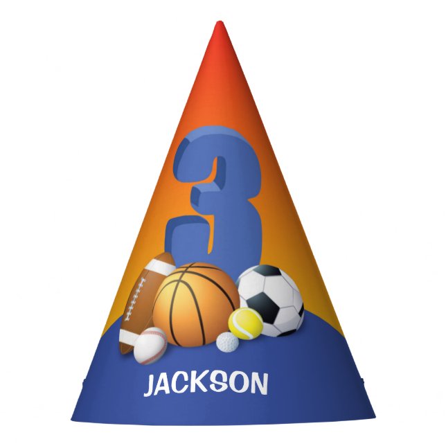 Junge 3. Geburtstag Sportbälle Partyhütchen (Vorderseite)