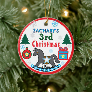 Junge 3. Weihnachten FOTO Grau Blau Pferd Jedes AL Keramik Ornament