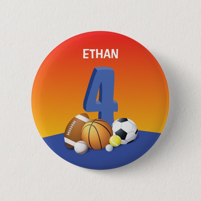 Junge 4. Geburtstag Sportbälle Button (Vorderseite)