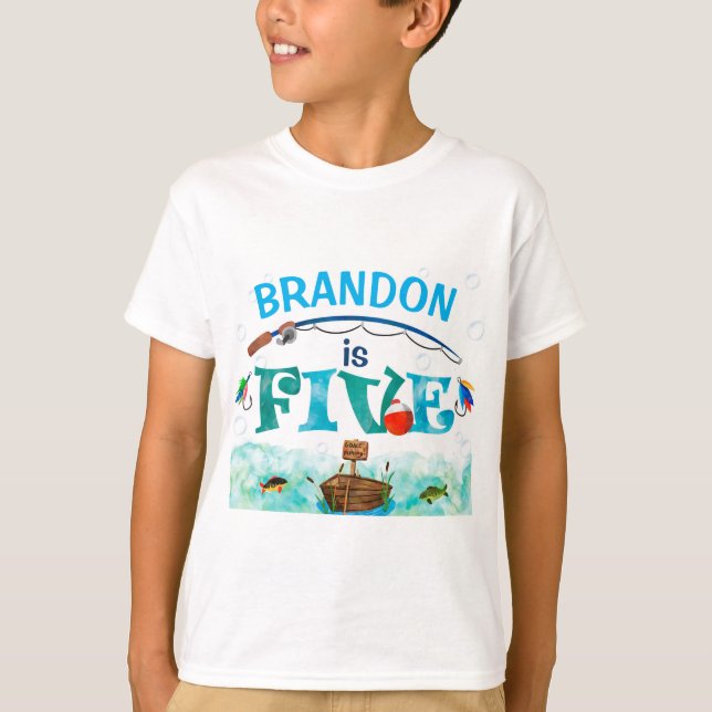 Junge 5th Birthday Gone Fischerei O-Fisch-verwandt T-Shirt (Vorderseite)