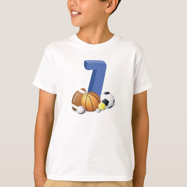 Junge 7. Geburtstag Sportbälle T-Shirt (Vorderseite)