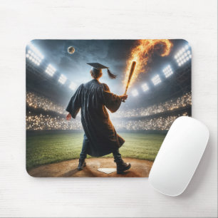 Junge Absolventin mit flammendem Baseball-Bat Mousepad