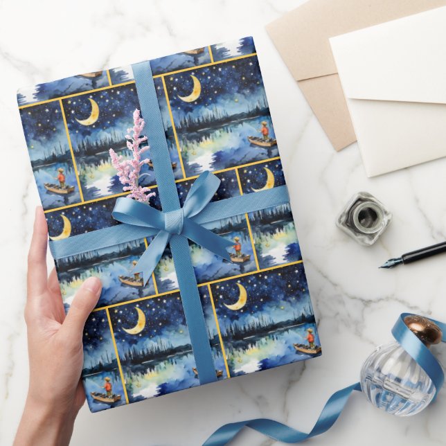 Junge Aquarellfischerei nachts Geschenkpapier (Schenken)