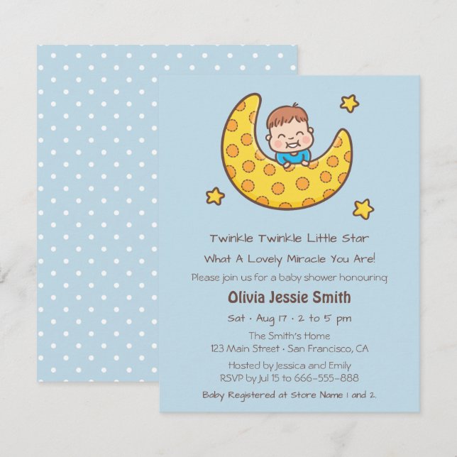 Junge auf dem Mond Twinkle Little Star Baby Dusche Einladung (Vorne/Hinten)