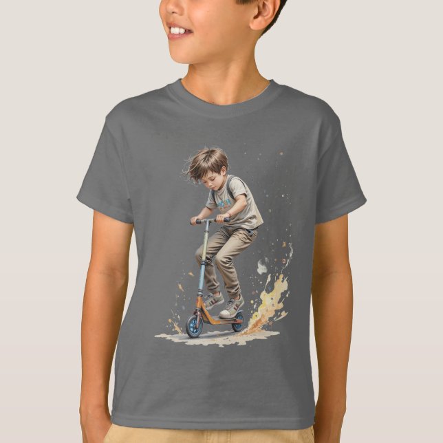 Junge auf einer Kick Scooter Sport Fun Silhouette T-Shirt (Vorderseite)
