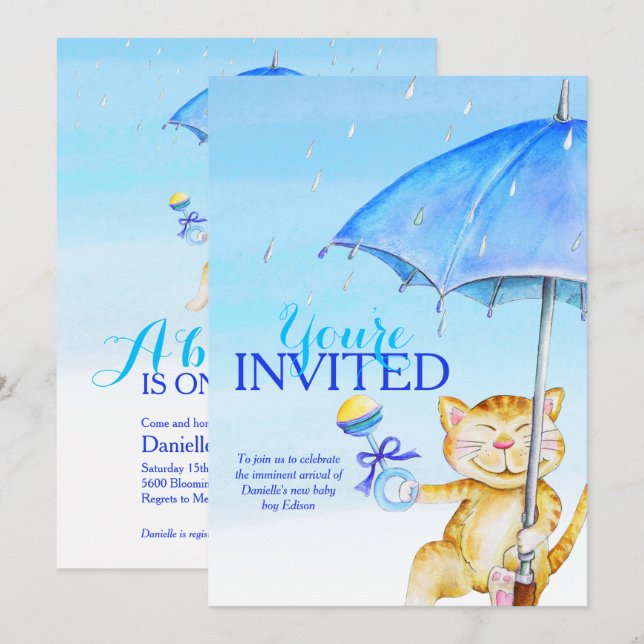 Junge Baby Dusche Regenschirm whimsical Katzeneinl Einladung (Vorne/Hinten)