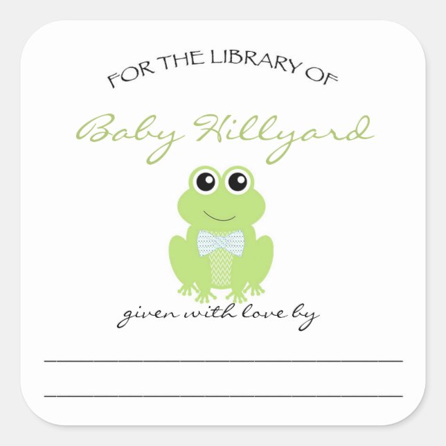 Junge Babydusche Buchzeichen / kleiner Frosch Quadratischer Aufkleber (Vorderseite)