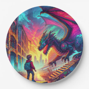 Junge begegnet einem Drachen in einer dystopischen Pappteller