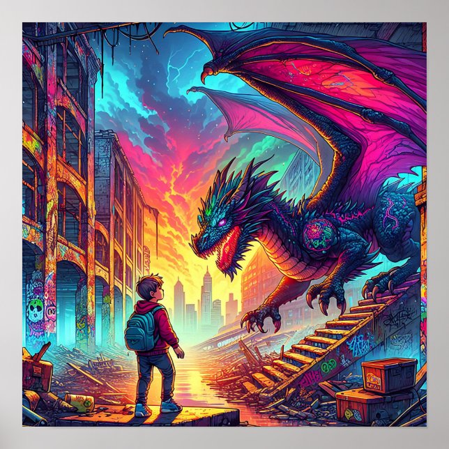 Junge begegnet einem Drachen in einer dystopischen Poster (Vorne)