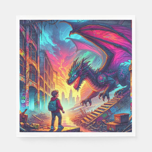 Junge begegnet einem Drachen in einer dystopischen Serviette (Vorderseite)