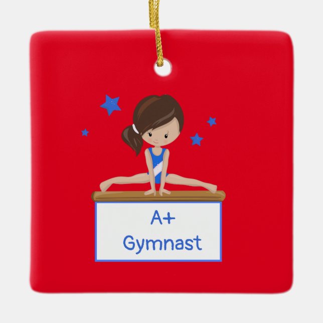 Junge Brünette Gymnastik Personalisierter Text Keramikornament (Vorderseite)