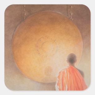 Junge buddhistische Mönche und Gong Bhutan 2010 Quadratischer Aufkleber