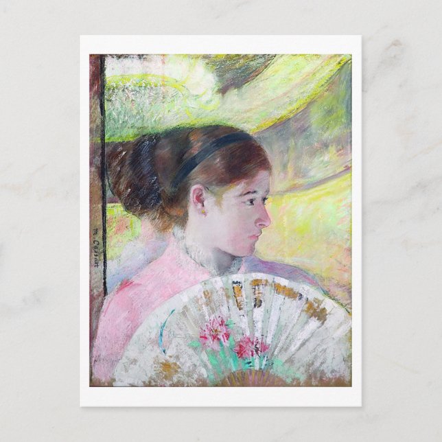 Junge Dame mit japanischem Fan, Mary Cassatt Postkarte (Vorderseite)