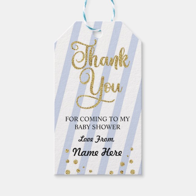 Junge danke Ihnen Baby Dusche Stripe Blue Glitzer Geschenkanhänger (Vorderseite)