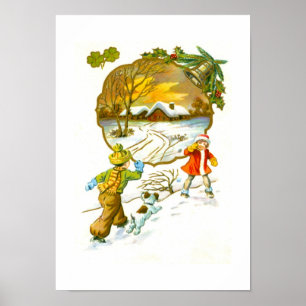 Junge, der einen Schneeball wirft Poster