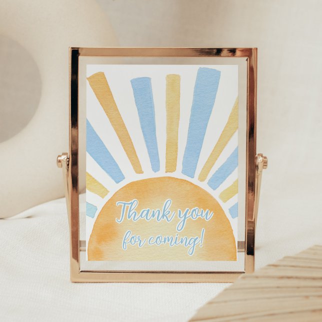 Junge ein wenig Sonnenschein Ray of Sunshine Danke Poster (Blue Boho Sunshine Baby Shower Thank you for Coming Sign)