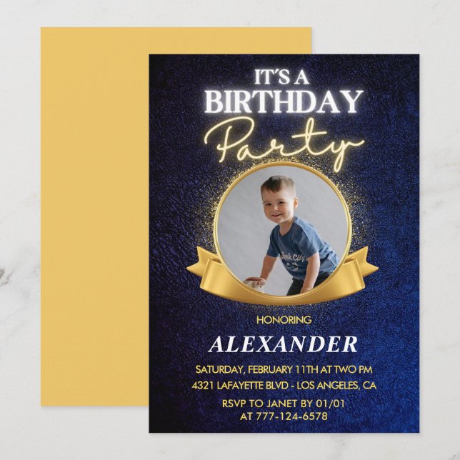 Junge Einladungen zum 7. Geburtstag Elegantes Chic (Vorne/Hinten)