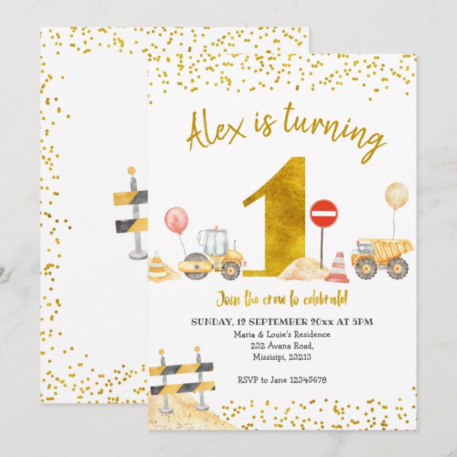 Junge erste Geburtstagsbau Geburtstag Einladung (Vorne/Hinten)