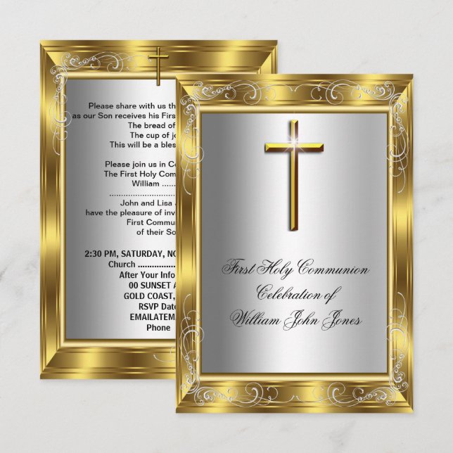 Junge Erste heilige Kommune Silver Gold Cross 2 Einladung (Vorne/Hinten)