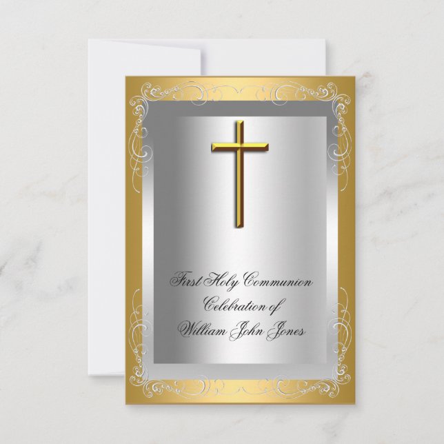 Junge Erste heilige Kommune Silver Gold Cross Einladung (Vorderseite)