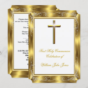 Junge Erste heilige Kommune Weißes Gold Kreuz 2 Einladung