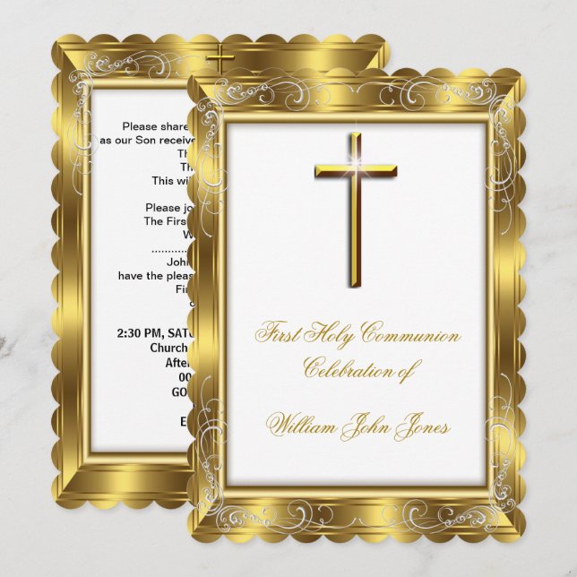 Junge Erste heilige Kommune Weißes Gold Kreuz 3 Einladung (Vorne/Hinten)