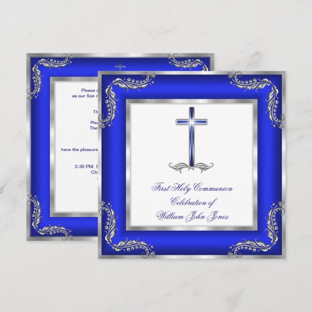 Junge Erste Heilige Kommunion Royal Blue Silver Wh Einladung (Vorne/Hinten)