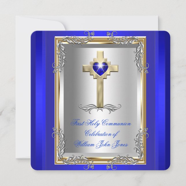 Junge Erste heilige Kommunion Silver Gold Royal Bl Einladung (Vorderseite)