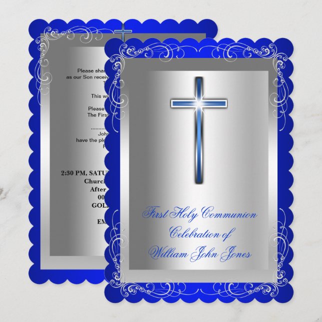 Junge Erste Heilige Kommunion Silver Royal Blue 2s Einladung (Vorne/Hinten)