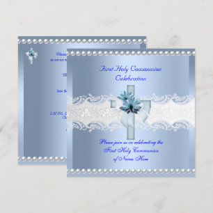Junge Erste Heilige Kommunion Weißer Lace Blue Pea Einladung
