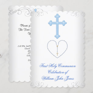 Junge Erste heilige Kommunion White Blue Silver Einladung