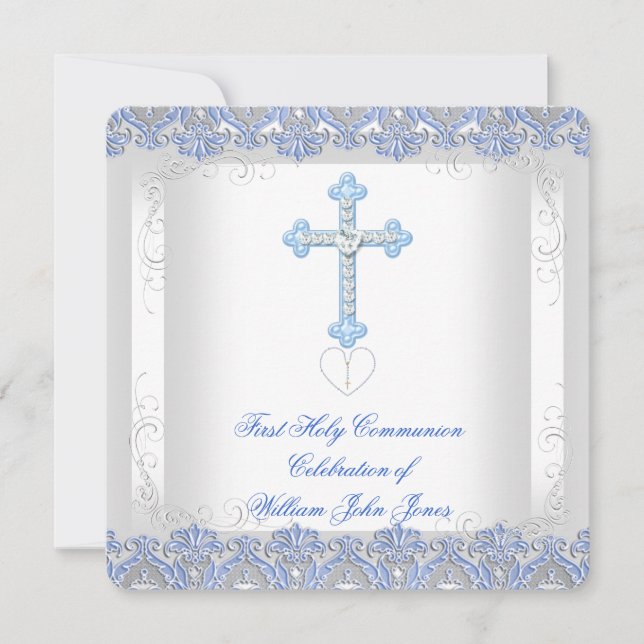 Junge Erste Heilige Kommunion White Silver Blau Einladung (Vorderseite)