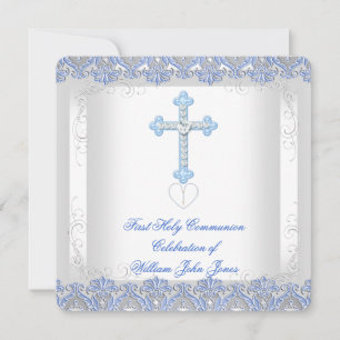 Junge Erste Heilige Kommunion White Silver Blau Einladung
