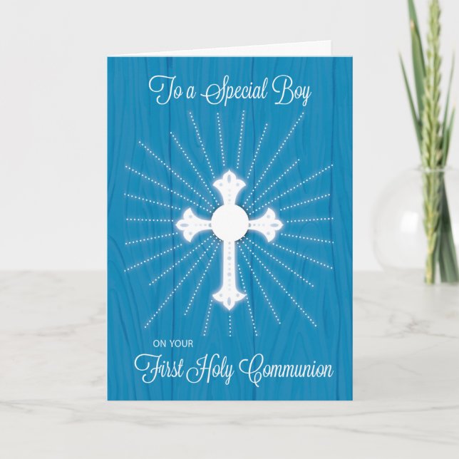 Junge erste Kommune Kreuz und Rays auf blauem Holz Karte (Vorderseite)