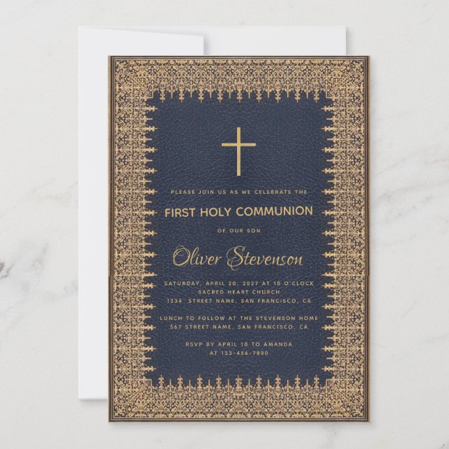 Junge erste Kommunion Gold Frame Cross Navy Blau Einladung (Vorderseite)
