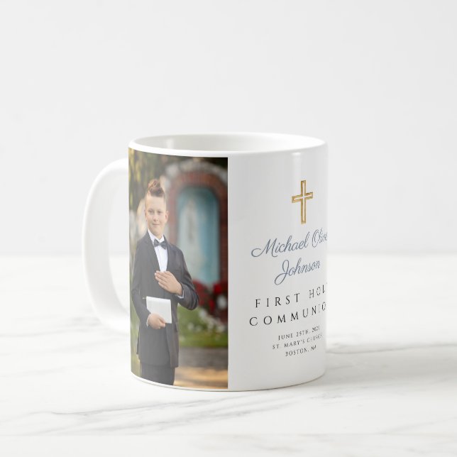Junge Erste Kommunion Religious Cross Foto Kaffeetasse (Vorderseite Links)