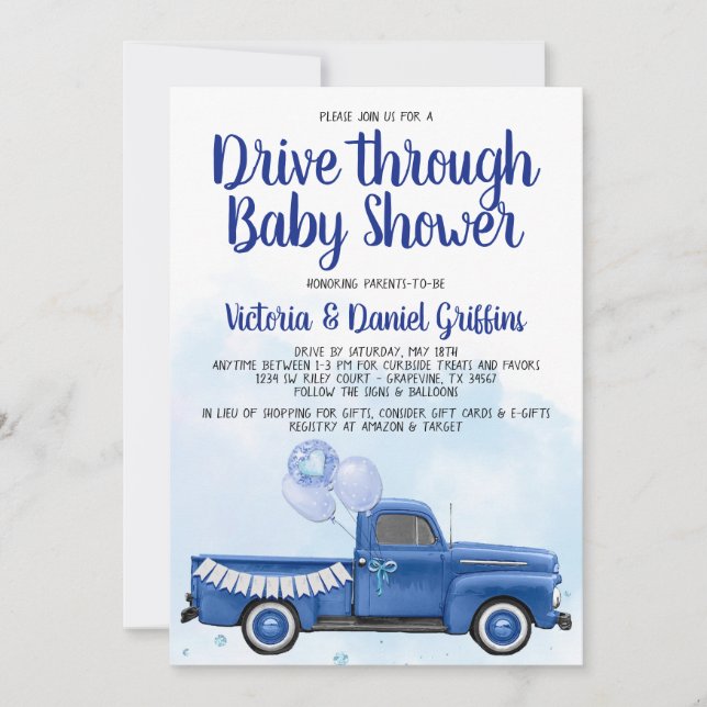 Junge fahren durch den Covid Baby Dusche LKW Einladung (Vorderseite)