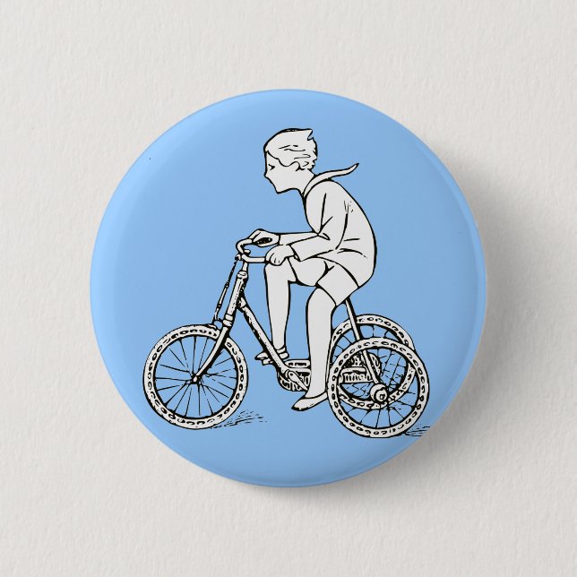Junge fährt auf altem Dreirad Button (Vorderseite)