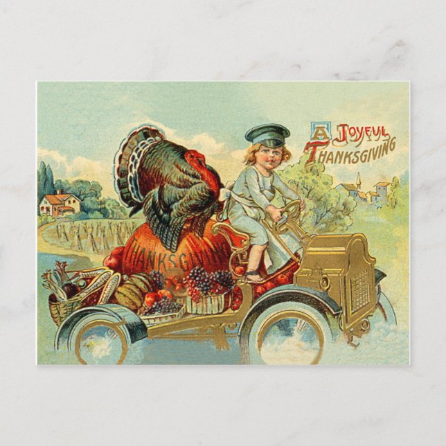 Junge fährt eine Truthahn auf einem Oldtimer, Ernt Postkarte (Vorderseite)