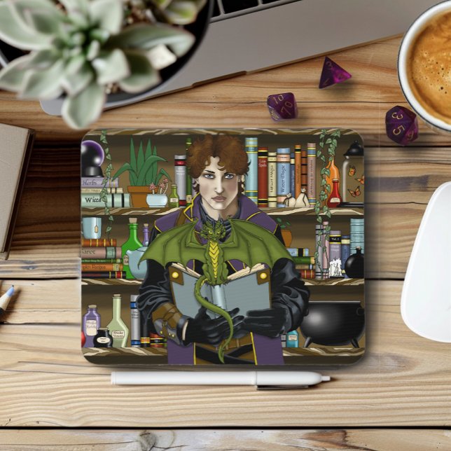 Junge Fantasy-Bibliotheksbücher des Zauberers Drac Mousepad (Von Creator hochgeladen)