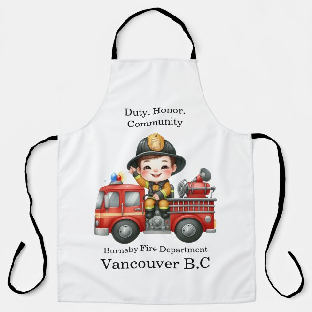 Junge Feuerwehrfrau auf rotem LKW Schürze (Vorderseite)