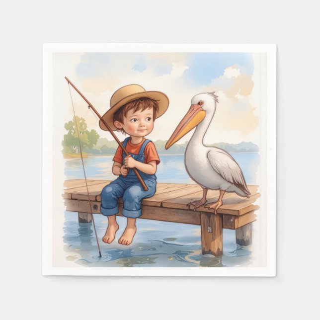 Junge fischt auf einem Dock mit einem Pelikan Serviette (Vorderseite)