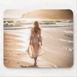 Junge Frau, die am Strand spazieren geht Mousepad